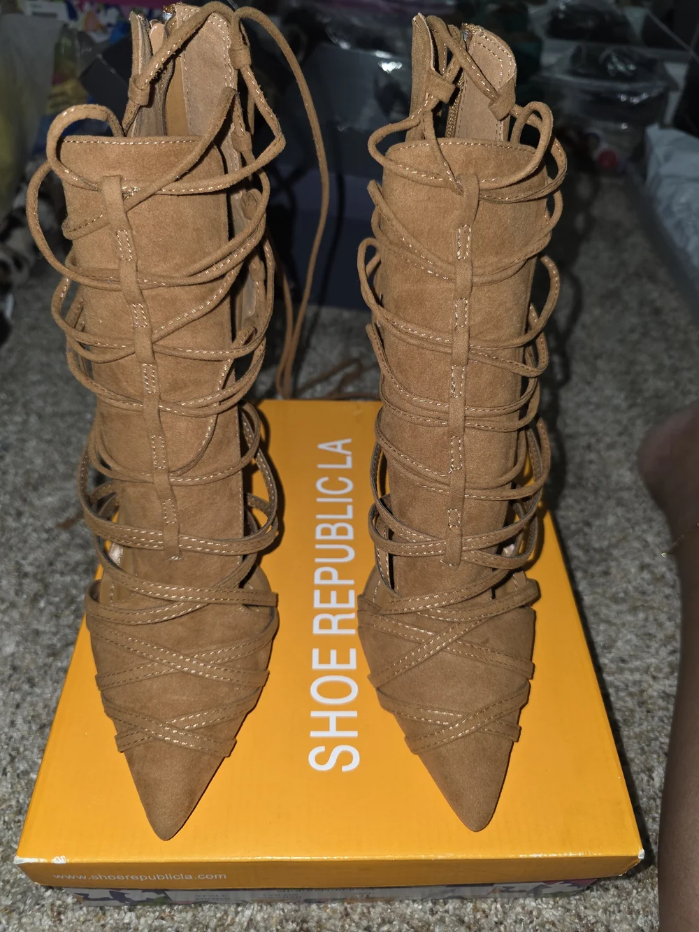 Shoe Republic LA Women's Tan Lace-Up Pointed Toe Heels